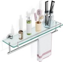 20-Inch Floating Tempered Glass Bathroom Shelf with Towel Bar - Chrome Polished & Stainless Steel, Wall Mount