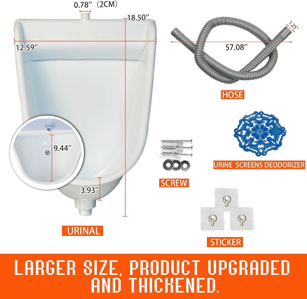 Wall Mounted Commercial Urinal With Flushable Bathroom Waterless Urinal for Men Plastic Urinals for Men Garage Urinal Urine Diverter Outdoor Urinal With Hose For Home Dorm Shed or Backyard RV (white)