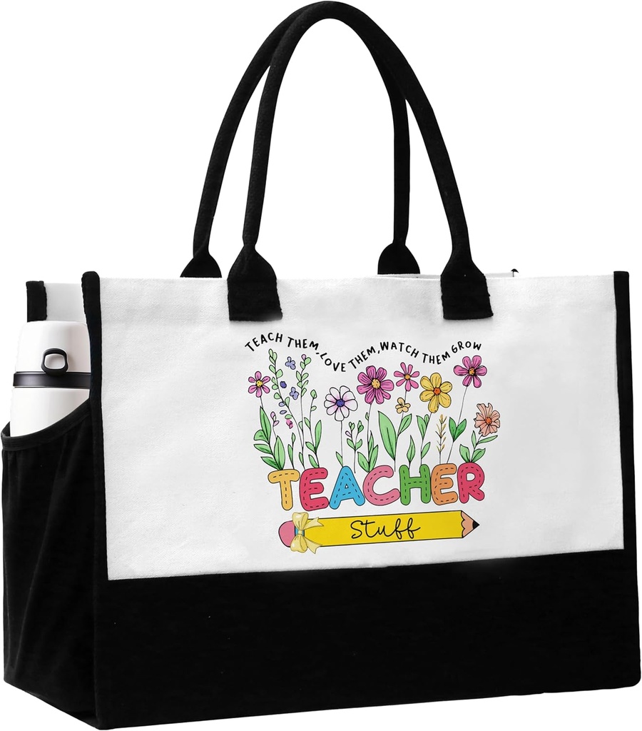 Teacher Tote Bag, Teacher's Day Appreciation Gifts for Women, Teachers Tote Bags with Pockets, Wildflowers Reusable Beach Bag Birthday Gift for Travel Shopping - C03