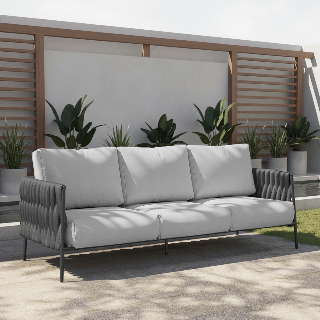 EAST OAK Patio Furniture Set, 4-Piece Outdoor Patio Set with Sofa, Removable & Washable Deep Seating Cushion, Tempered Glass Table, Outside Patio Conversation Sets, 25 Upgraded, Light Gray & Black