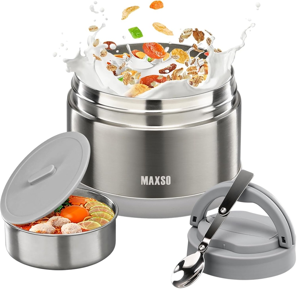MAXSO Food Jar for Hot Food - 24 OZ Soup Thermo for Adults Vacuum Insulated Lunch Containers with Foldable Spoon & Thermal Bag, Wide Mouth Leakproof Bento Box - Silver