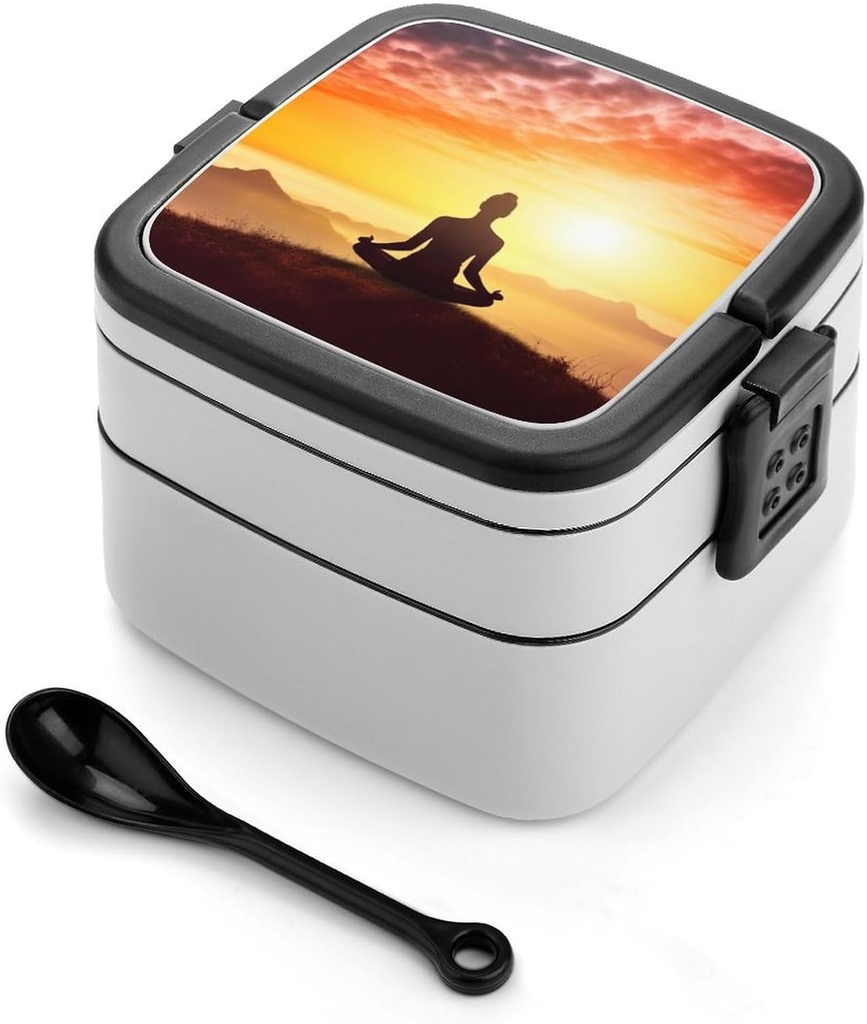 Yoga Meditation Bento Box Double-Layer Bento Lunch Container with Spoon And Invisible Handle Adult Leak-Proof Lunchbox for Dining Out Work Picnics Travel