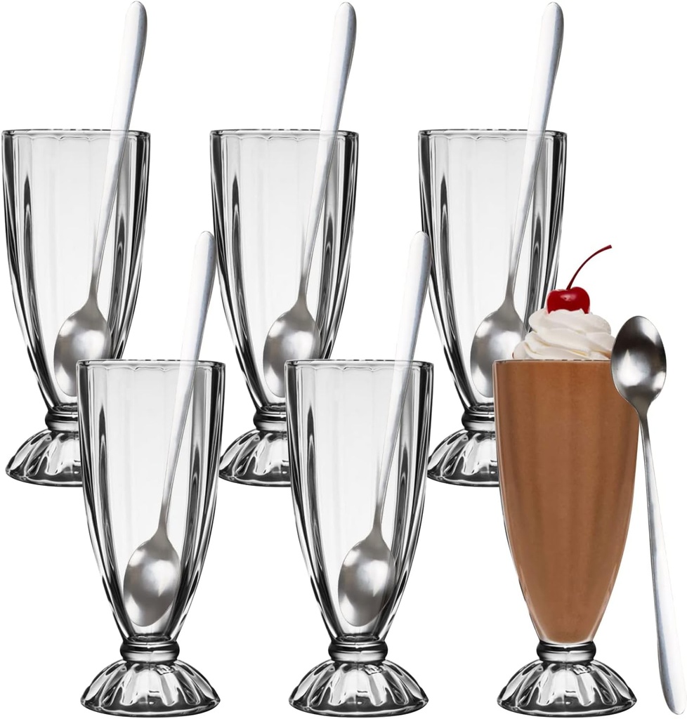 Chris.W 6 Pack Fountain Shoppe Milkshake Glass with 6 Long Stainless Steel Spoons, Classic Old Fashioned Ice Cream Soda Dessert Glasses(Clear, 12oz)