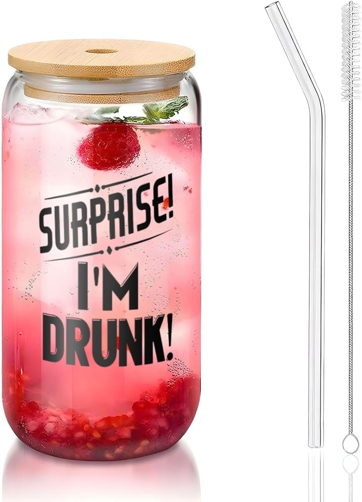 Surprise I'M Drunk 16 Oz Drinking Glasses With Bamboo Lids,Glass Straw And Cleaning Brushes Glass Tea Cup For Iced Coffee,Smoothie,Cocktail,Beer,Whiskey,Soda,Matcha