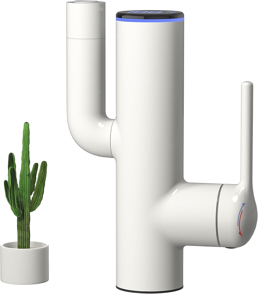 Cactus Bathroom Faucet – Single Hole Basin Tap with Water-Powered LED Temperature Display, 360° Swivel, 2 Water Modes, Easy DIY Install, White