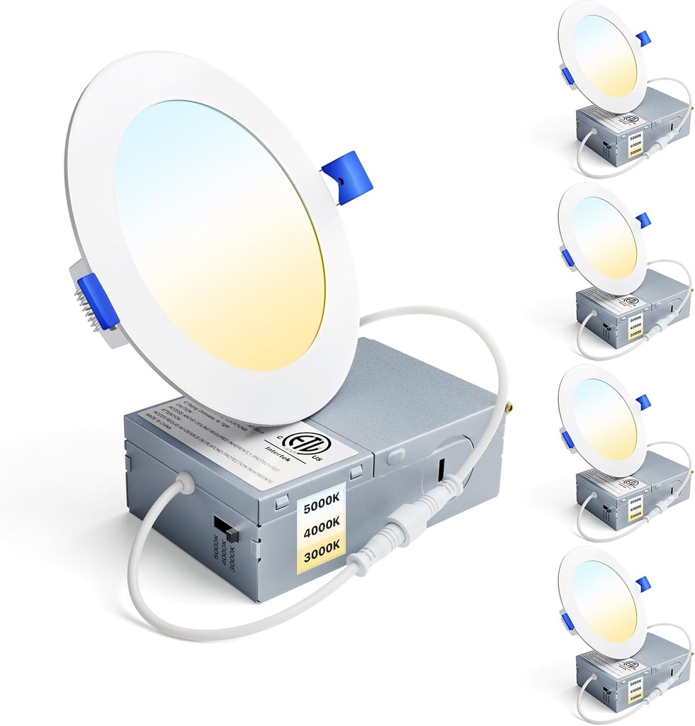 Ensenior 4 Pack 4 Inch LED Recessed Light, Dimmable, 3000K-5000K 3CCT, 750LM High Brightness, 9W 120V, Damp Rated, Ultra-Thin Canless Wafer Ceiling Light - ETL & FCC & IC