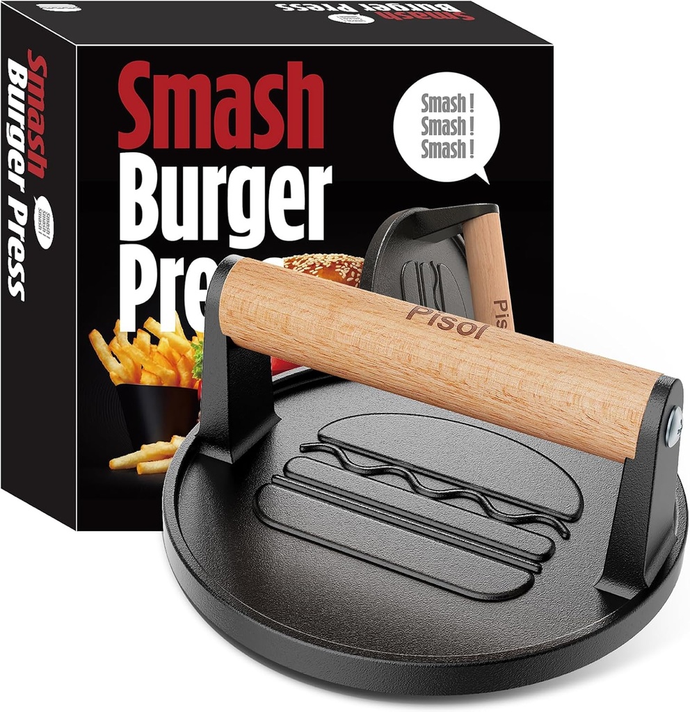 Pisol Smash Burger Press, Pre-Seasoned Cast Iron Hamburger Smasher, 2 lb Heavy-Duty Grill Bacon Meat Press Tool with Wood Handle, 6.6”