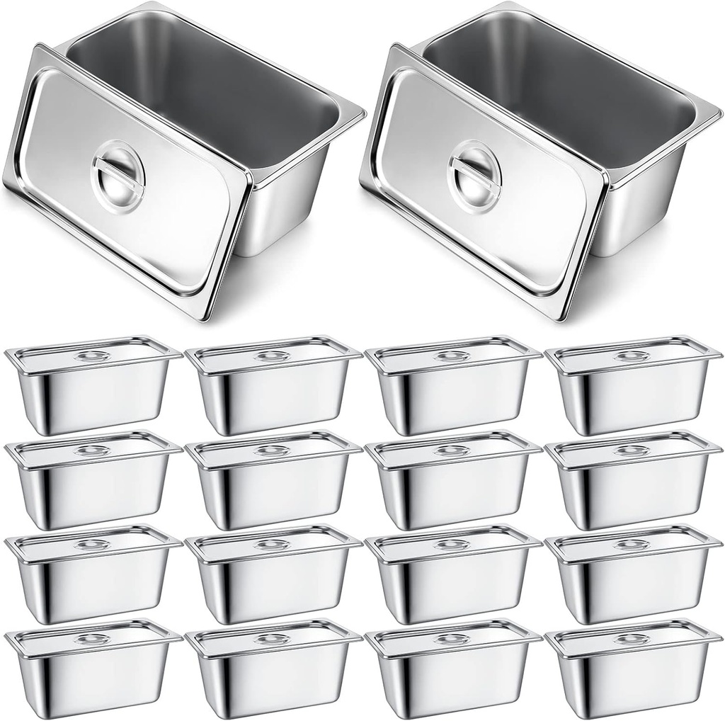 Rtteri 16 Pack 6 Inch Deep Stainless Steam Hotel Pans with Lid Commercial Steam Table Pans with Lids, Spoon and Clips Catering Food Pans for Hotel Restaurant Buffet Supplies (1/3 Size)