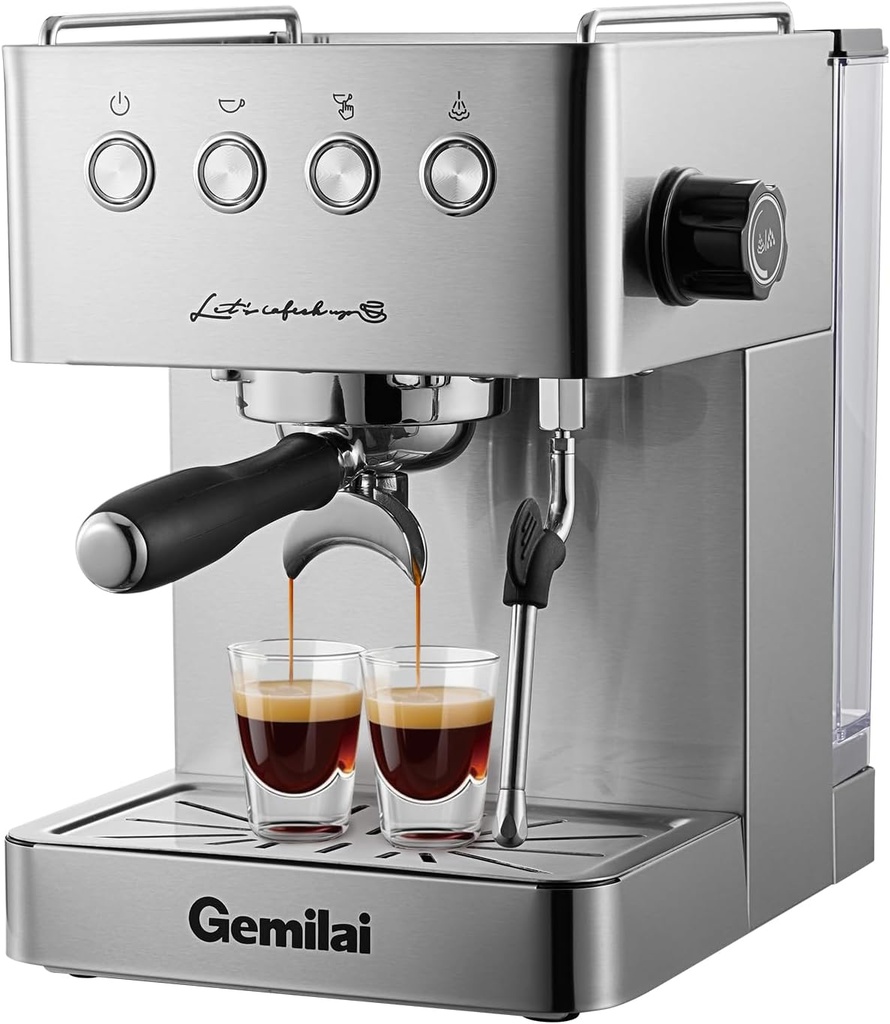Gemilai Espresso Machine, Professional Espresso Maker with Milk Frother Steam Wand & 57OZ Water Tank, Espresso Maker with 1500W Fast Heating for Latte Macchiato Cappuccino, Brushed Stainless Steel