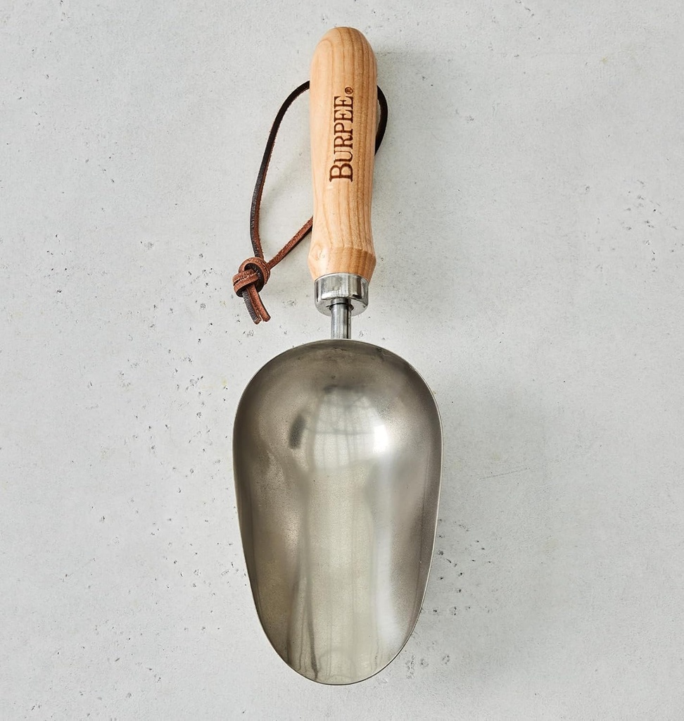 Burpee 15" Stainless Steel Soil Scoop | Durable Long Lasting Garden Tool | Leather Wrist Strap 5" Handle, Oak