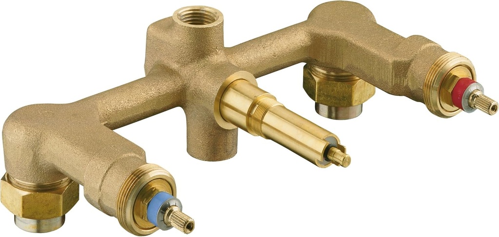 Widespread 1/2" ceramic in-wall three-handle valve system with integral diverter and 8" centers