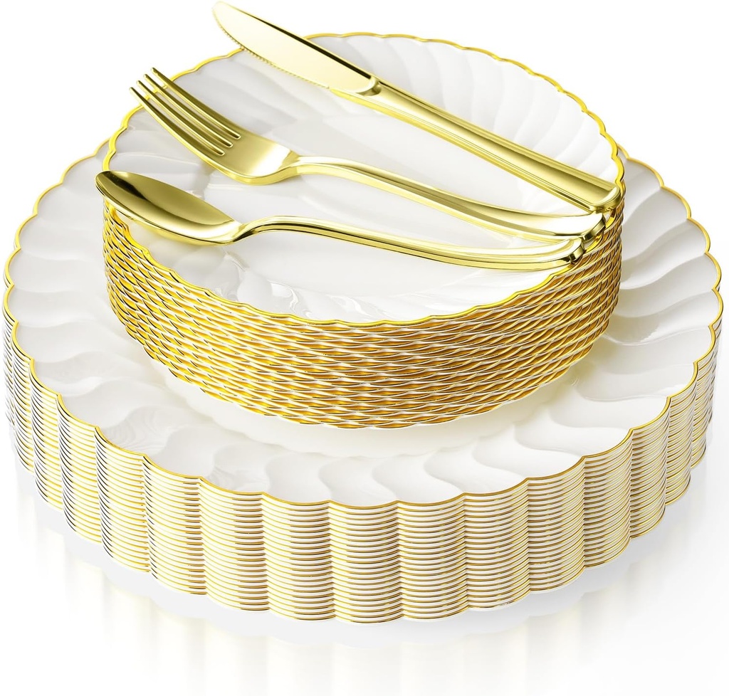 Lzerking 125 Pcs Ivory Scalloped Disposable Plates with Gold Rim, Elegent Plastic Dinnerware Set - 50 Plastic Plates, 75 Gold Silverware, Disposable Plates for Wedding Baby Shower Holiday Party