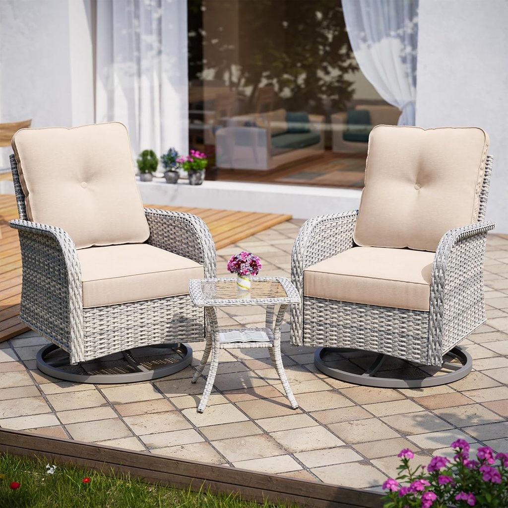 3-Piece Small Patio Furniture Set, Outdoor Swivel Rocking Chairs Set with Wicker Chairs and Tempered Glass Side Table, Outdoor Furniture Patio Bistro Set for Balcony, Deck, Porch