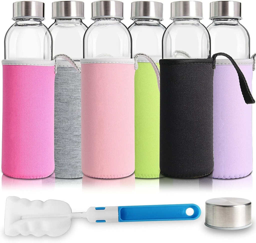 YEBODA Glass Water Bottles 18oz Bottles For Beverage and Juicer Use Stainless Steel Caps - Including Colorful Nylon Protection Sleeve,Pack Of 6
