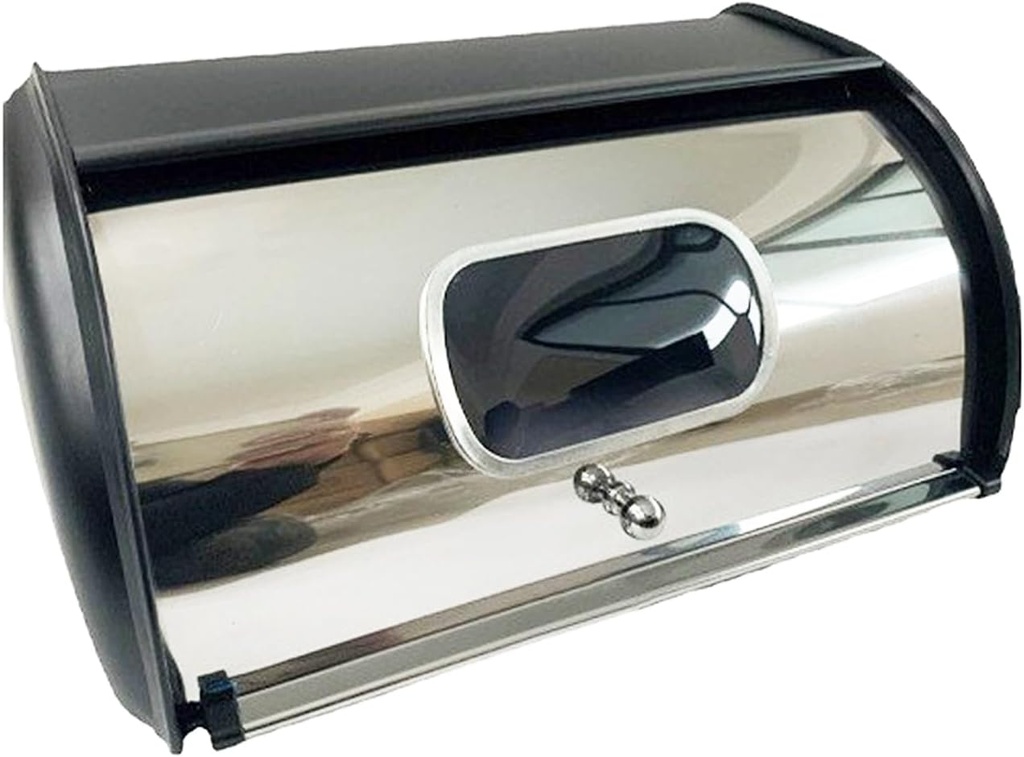 Bread Box for Kitchen Countertop, Large Modern Bread box with Window clear bread box Storage Holder Stainless Steel Roll Top Bread Bin Bread Box Airtight Large Capacity Bread Keeper(Black)