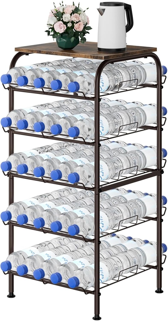 smusei Water Bottle Organizer 5 Tier Free Standing Water Bottle Holder Rack Large Capacity Bottled Water Storage Rack Metal Soda Can Beverage Drink Stand Shelf for Kitchen Pantry Office, Brown