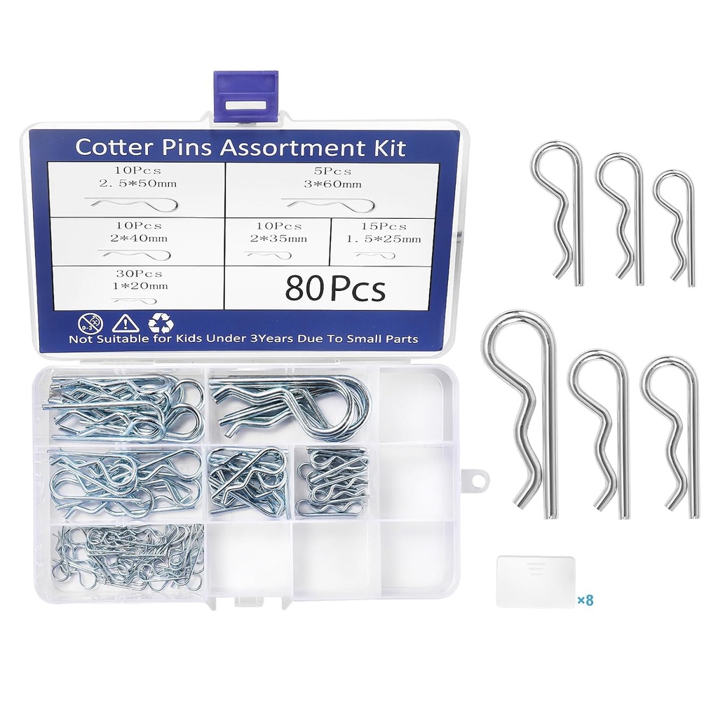 80PCS Cotter Pins, Standard Galvanized Steel 6 Sizes Cotter Pin R Clips Pin Hardware Pins Assortment Kit Fit for Automotive, Mechanics, Car Garage, Workshop, Power Equipment, Cars, Trucks, Lawn Mower