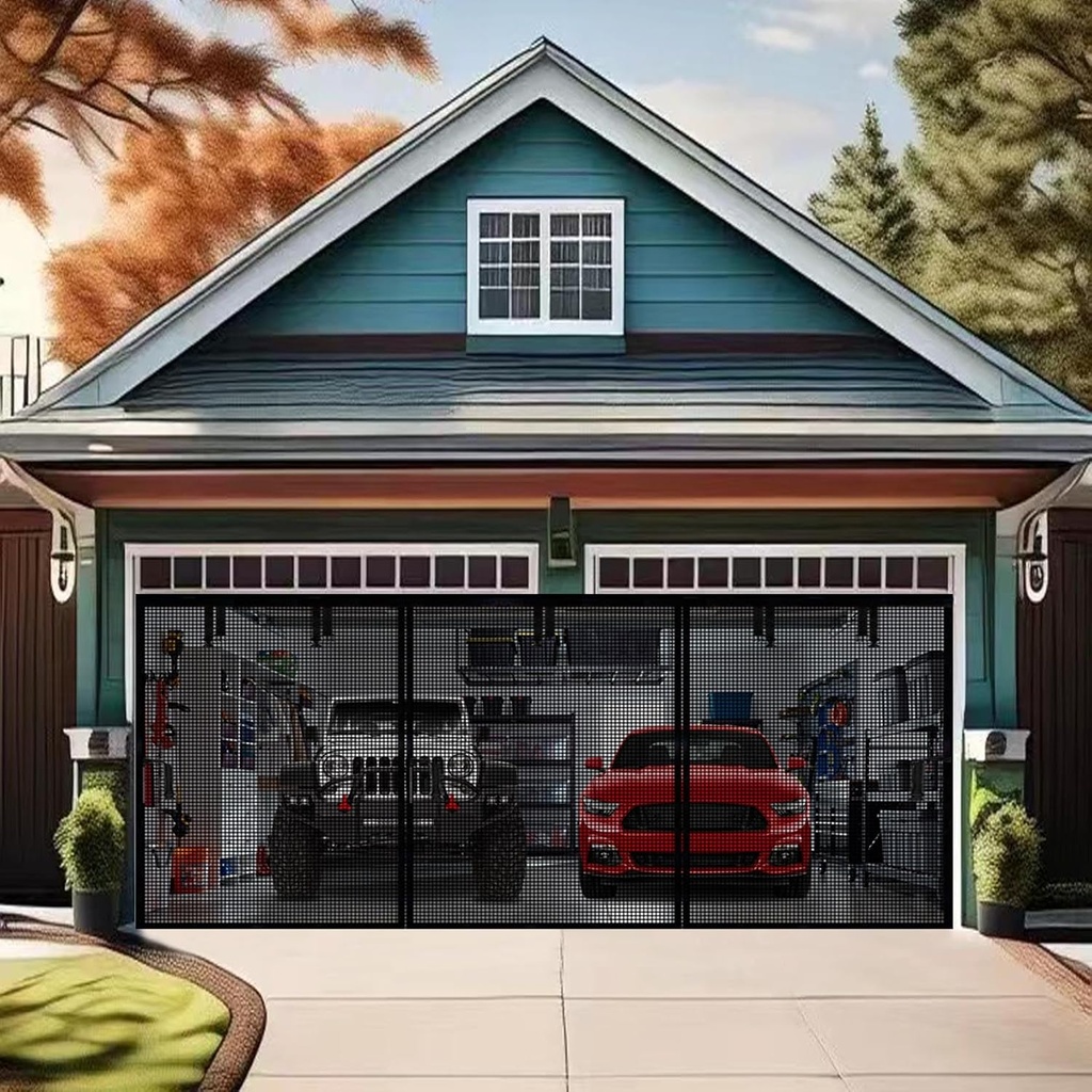 Premium Garage Door Screen for 2 Car Garage 20x7ft, Heavy Duty Durable Fiberglass Screen Mesh with Hook & Loop Tapes, Strips, Doors Screen with Powerful Magnets, Easy to Install (20x7 Black)