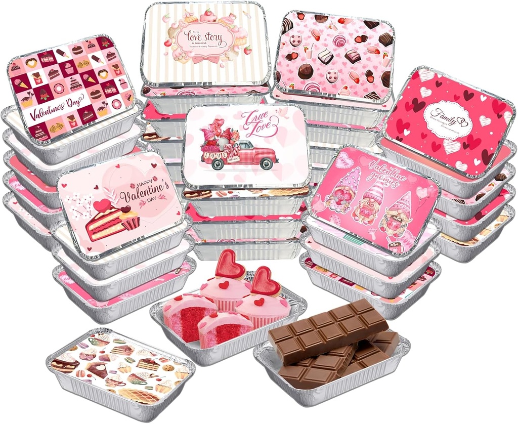 50PCS Valentine Foil Containers with Lid, Valentine Leftover Containers Valentine's Day Cookie Containers with Lids Aluminum Food Containers Storage for Baking, Valentine's Day Treat Party, Cooking