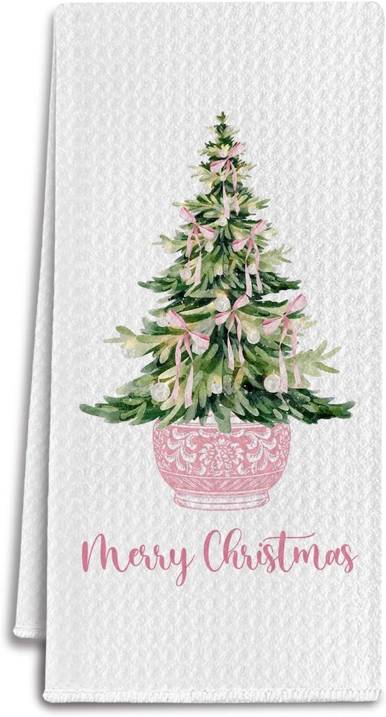 Pink Chinoiserie Christmas Tree Kitchen Towels, Preppy Bow Xmas Tree Dish Tea Towels for Kitchen, Grandmillennial Merry Christmas Decorative Hand Towel for Bathroom, 16x24 Inch