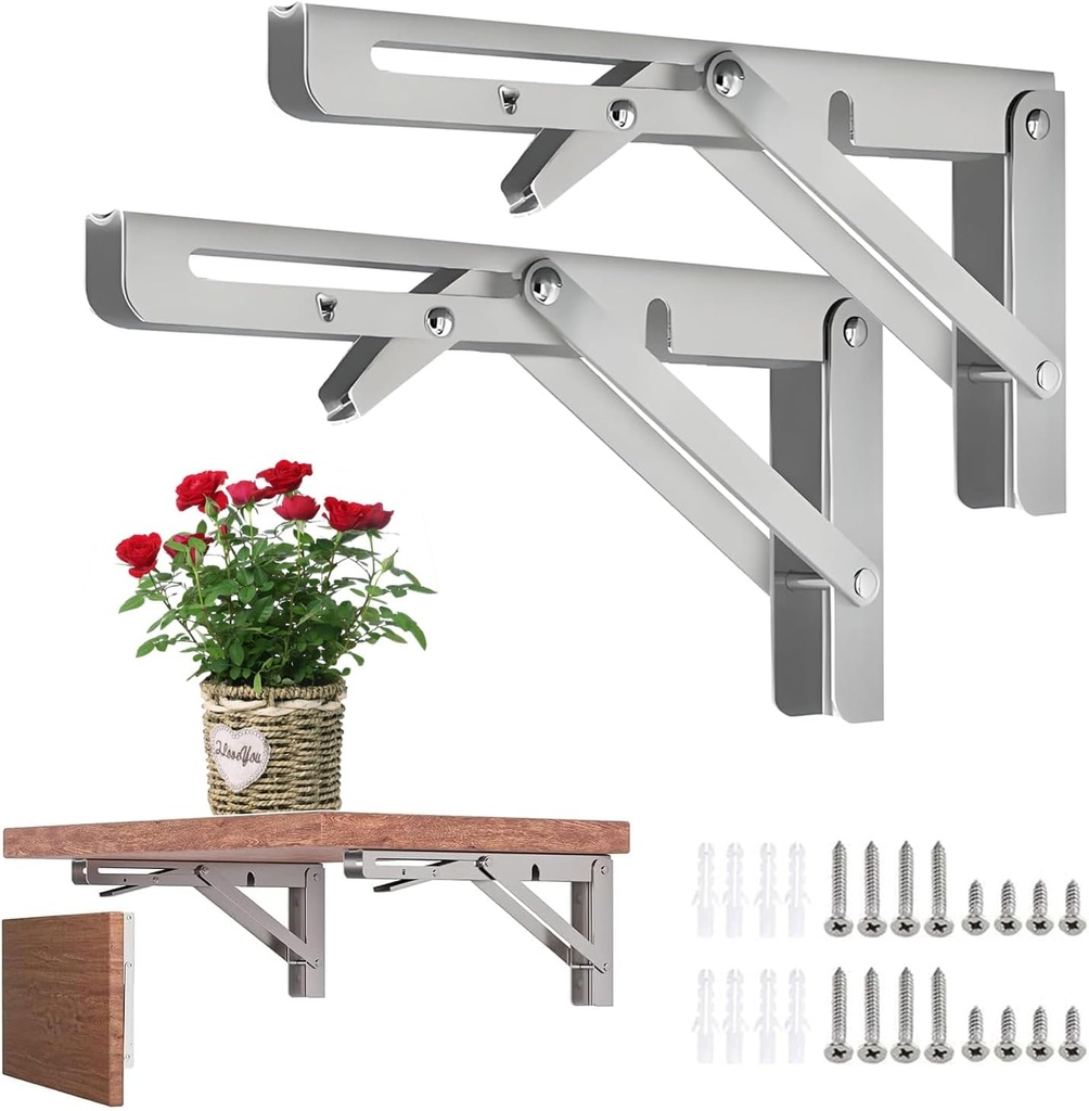 2 Pcs Heavy Duty 304 Stainless Steel Collapsible Triangle Shelf Bracket, Folding Shelf Brackets, DIY Wall Mounted Folding Table Hinge, Space Saving for Bench Table with Screws (Silver, 12 in)