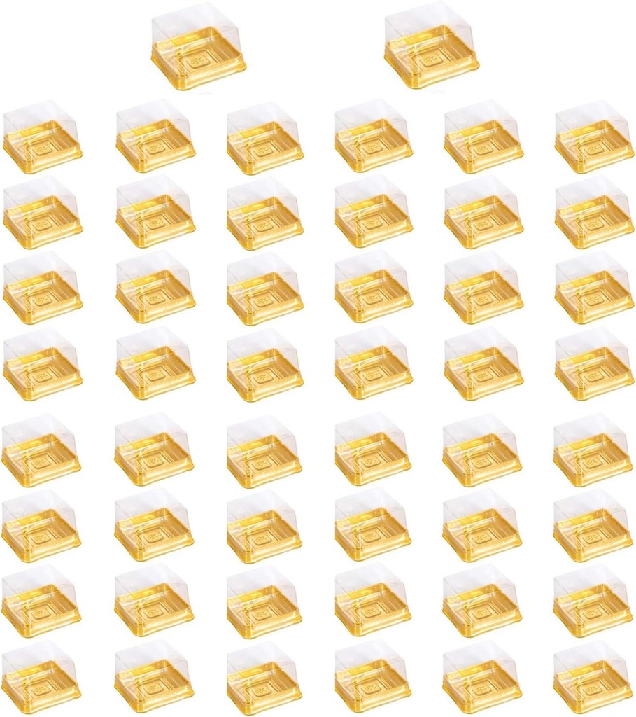 Plastic Moon Cake Trays Moon Cake Box for 50G Square Individual Plastic Cupcake Muffin Single Container Box Mooncake Package Box Container Holder for Cake Party Wedding,Gold,50 Pack