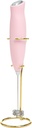 Paris Hilton Electric Handheld Milk Frother with Double Coil Head Whisk and Gold Metal Stand, Battery Powered (2 AA Batteries Required but Not Included), Pink