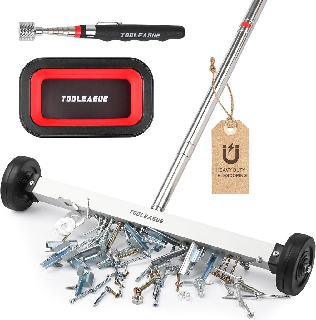 TOOLEAGUE 17" Rolling Magnetic Sweeper with Wheels,Telescoping Adjustable Handle,10Lb Capacity Magnet Roller,Magnetic Foldable Tray,15Lb Pickup Pen,3Pcs Magnet Sweeper Set