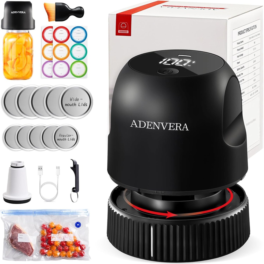 Electric Mason Jar Vacuum Sealer Kit - Auto Stop Jar Sealer for Mason Jars, 3-in-1 Vacuum Sealer for Jars & Sous Vide Bags, Portable Mason Jar Sealer with One-Button Food Preservation, Black