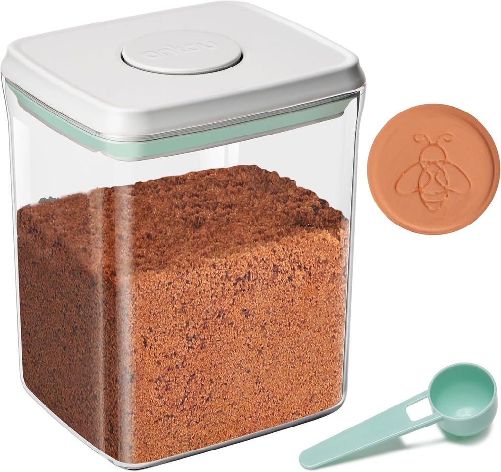 POP Airtight Brown-Sugar Keeper-Container - 1.3Qt(42Oz/1.2L) Clear Jar | 1/2 Tablespoon Scoop | Brown Sugar Saver | Stackable One-Touch Opening