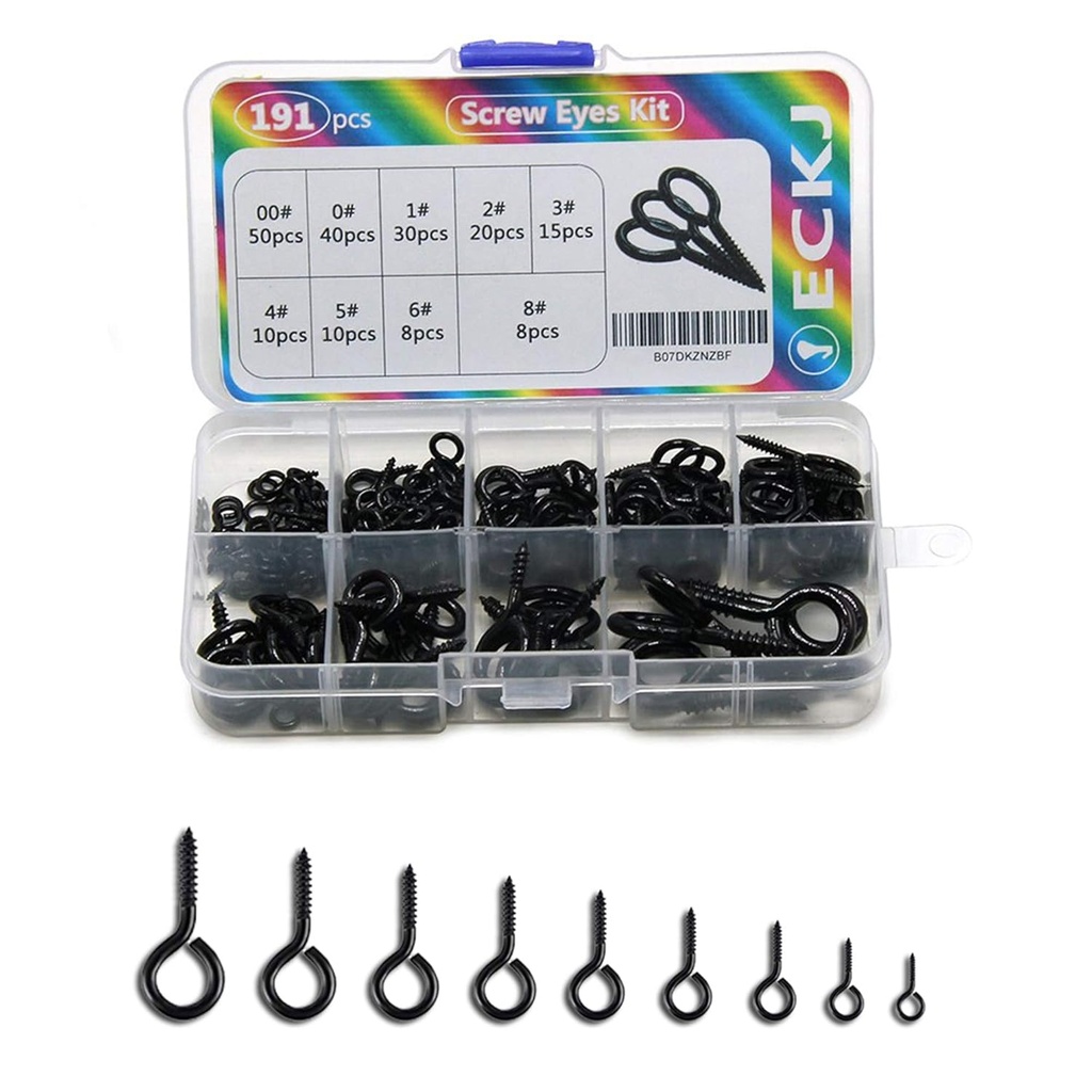 191pcs Screw Eyes Zinc Plated Metal Eye Hook Screw Self Tapping Screws Includes 9 Sizes Color Black