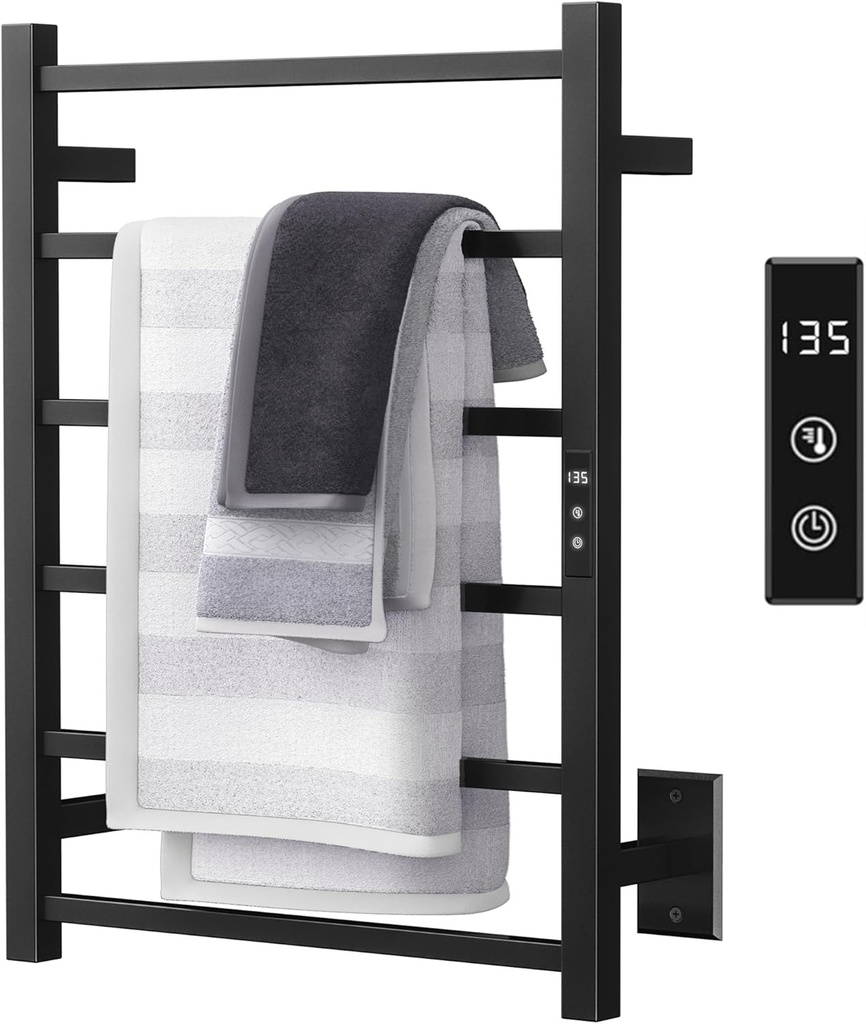 Sharpeye Towel Warmer Rack with 24hr Timer, Matte Black Heated Towel Rack for Bathroom, Plug-in/Hardwired, Wall Mounted 6-Bar Electric Towel Warmer with Temperature Control