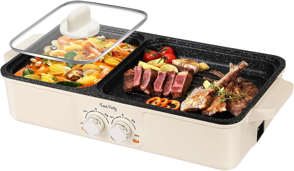 Food Party Hot Pot Electric Grill 2 in 1 Korean BBQ Grill Indoor Smokeless Hotpot Pot Electric Cooker Sahabu Shabu Pot Non Stick (Large)