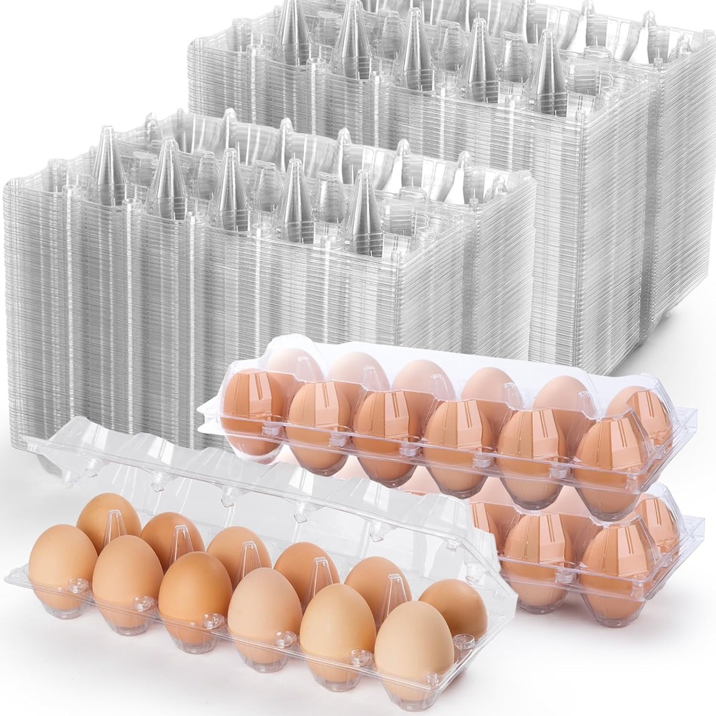 Standard Plastic Egg Carton, 100 Pack of 12 Count, Clear, Reusable, Freezer Safe, Stable Egg Storage, Rectangular, Hinge Closure