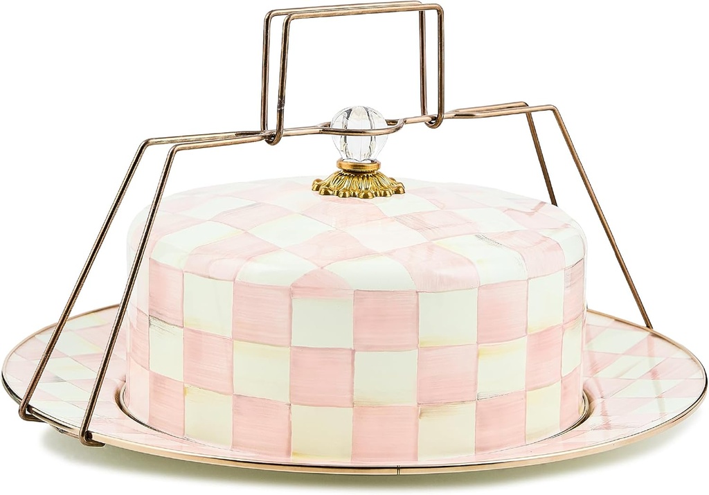 MACKENZIE-CHILDS Enamel Cake Carrier, Cake-Dish Serving Platter with Lid and Handles, Pink-and-White Rosy Check