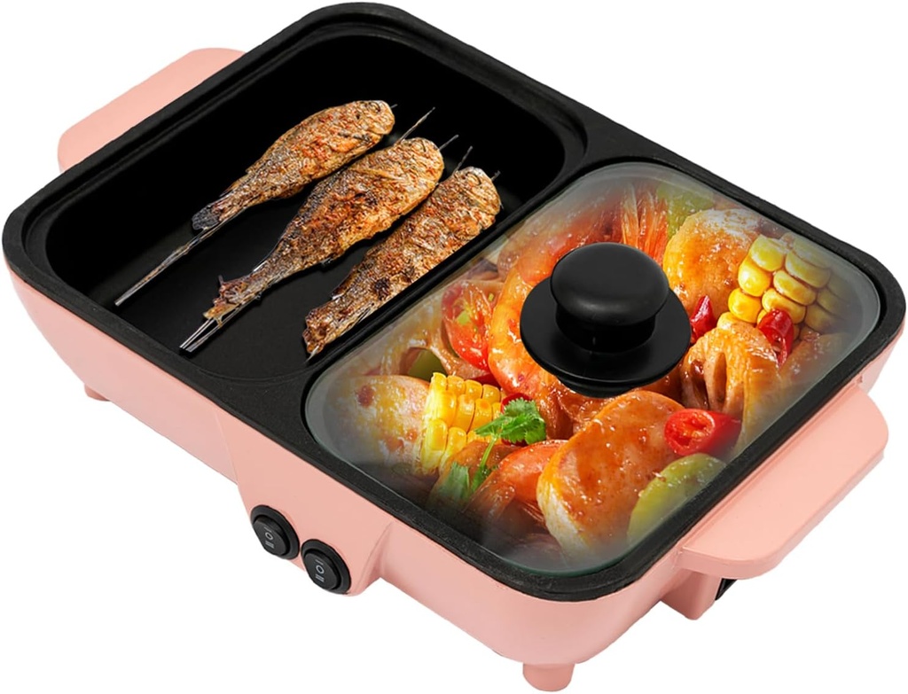 2 in 1 Electric Grill Hot Pot,Multifunctional Indoor Teppanyaki Grill/Shabu Pot with Divider-Separate Dual Temperature Contral,hot pot with grill for 1-4 People(Pink)