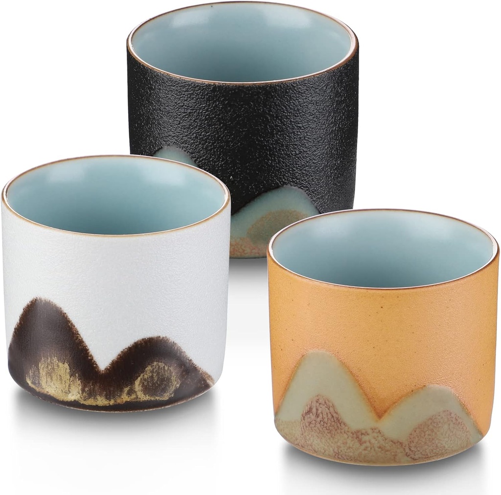 Ceramic Tea Cups Chinese Tea Cup Set of 3 Small Japanese Tea Cups Porcelain Sake Cup Kung Fu Tea Set Retro Style (Style 1#)