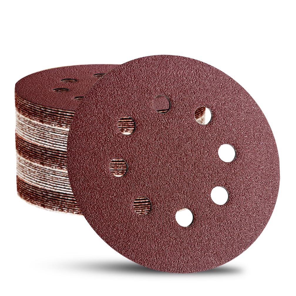 52 Pack 5 Inch 8-Hole Hook and Loop Sanding Discs Sandpaper Red Round 60 80 120 220 320 Mixed Grits Sandpaper for Random Orbital Sander