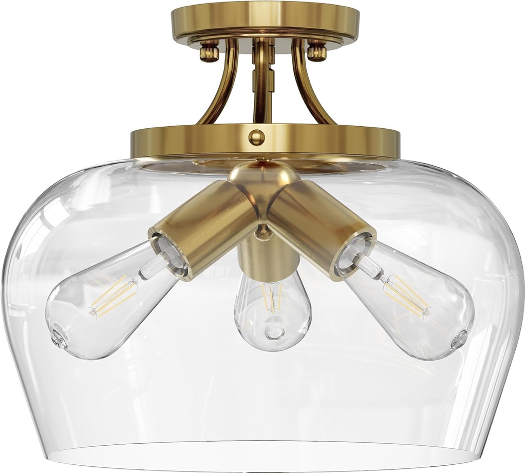 VONLUCE Semi Flush Mount Ceiling Light, 13.8" Ceiling Light Fixture with Clear Glass Shade, E26 Base, 3-Bulb Industrial Lighting Fixture for Hallway Entryway Bedroom, Brushed Gold, ETL Certificated