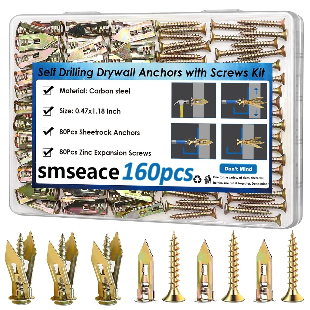 smseace 160Pcs Self Drilling Drywall Anchors with Screws,80Pcs 0.47X1.18inch Sheetrock Anchors,80Pcs Expansion Screws for Hanging Picture Frames, Curtains, Plants, Clocks