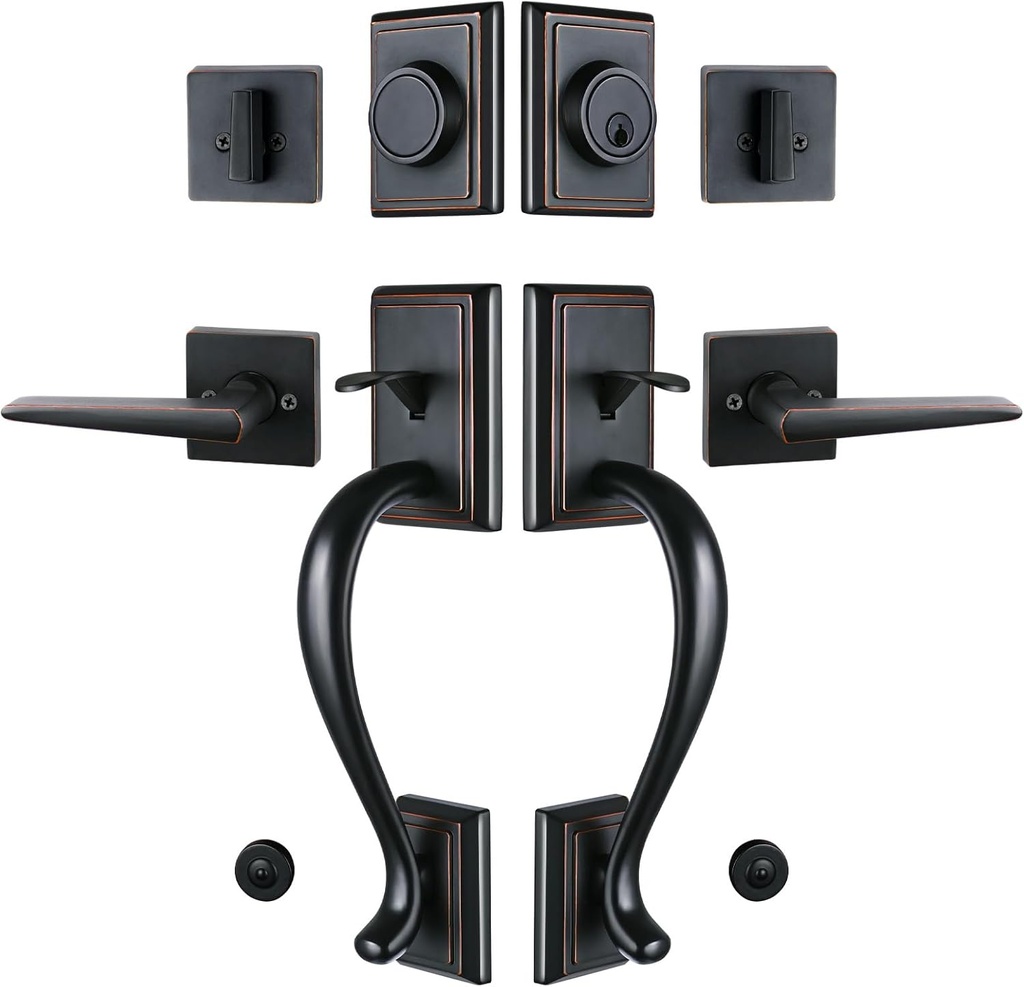 Front Double Door Handle Lock Set in Oil Rubbed Bronze Finish for Exterior Front Door (Keyed Entry and Dummy Handleset), MMDHST201310B-SET