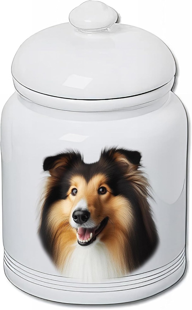 Best of Breed Collie Sable Dog and Cat Ceramic Treat Jar 9" Tall Air Tight Seal All White