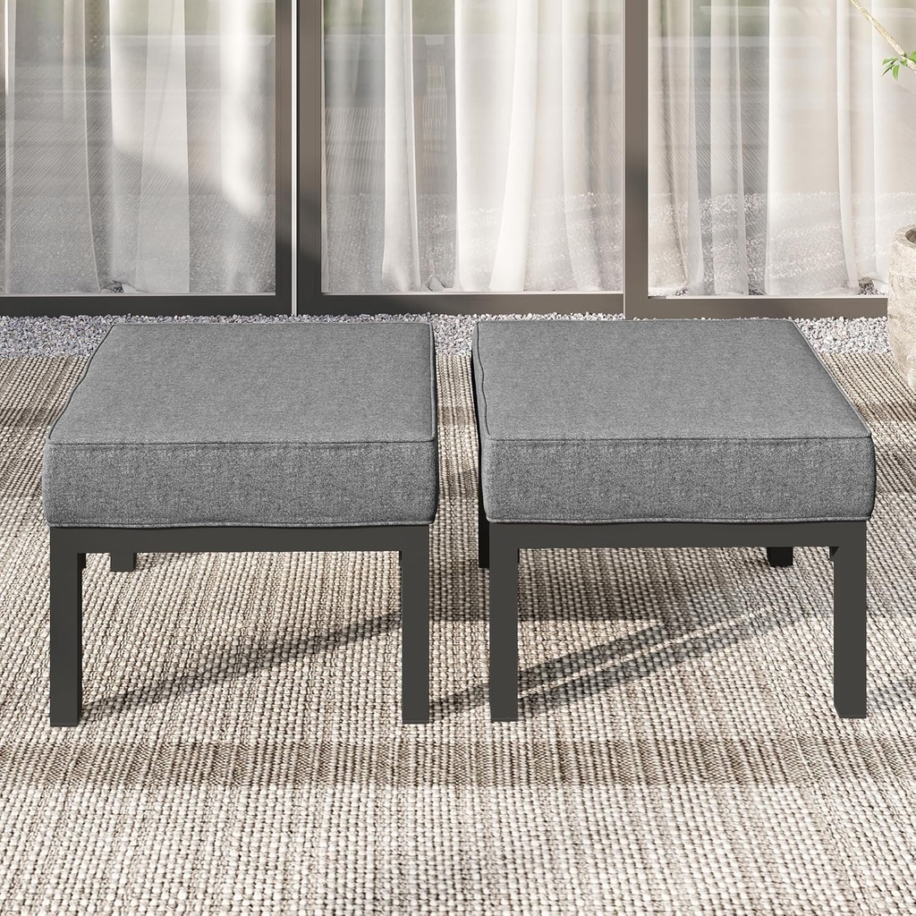 Wisteria Lane Outdoor Footstools Patio Ottoman Set of 2, Aluminum All-Weather Outdoor Footrest Seat with Removable Cushions, Patio Furniture Ottomans for Garden, Backyard, Poolside-Gray