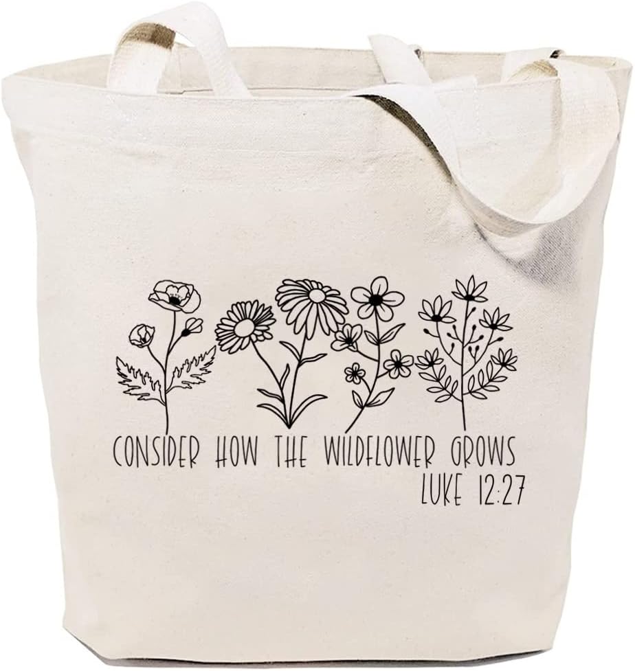 Consider How the Wildflowers Grow Canvas Tote Bag for Women Bible Verse Reusable Grocery Shopping Bag Christian Gift