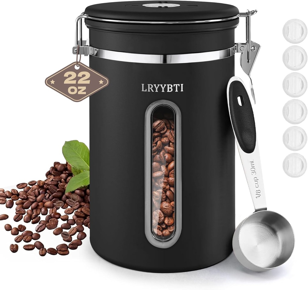 Coffee Canisters with Window,Scoop and Airtight Lid Stainless Steel Kitchen Bean Storage Grounds Container（22OZ/Black)Date Tracker and Scoop for Grounds Coffee Bar Accessories Beans, Cereal, Sugar