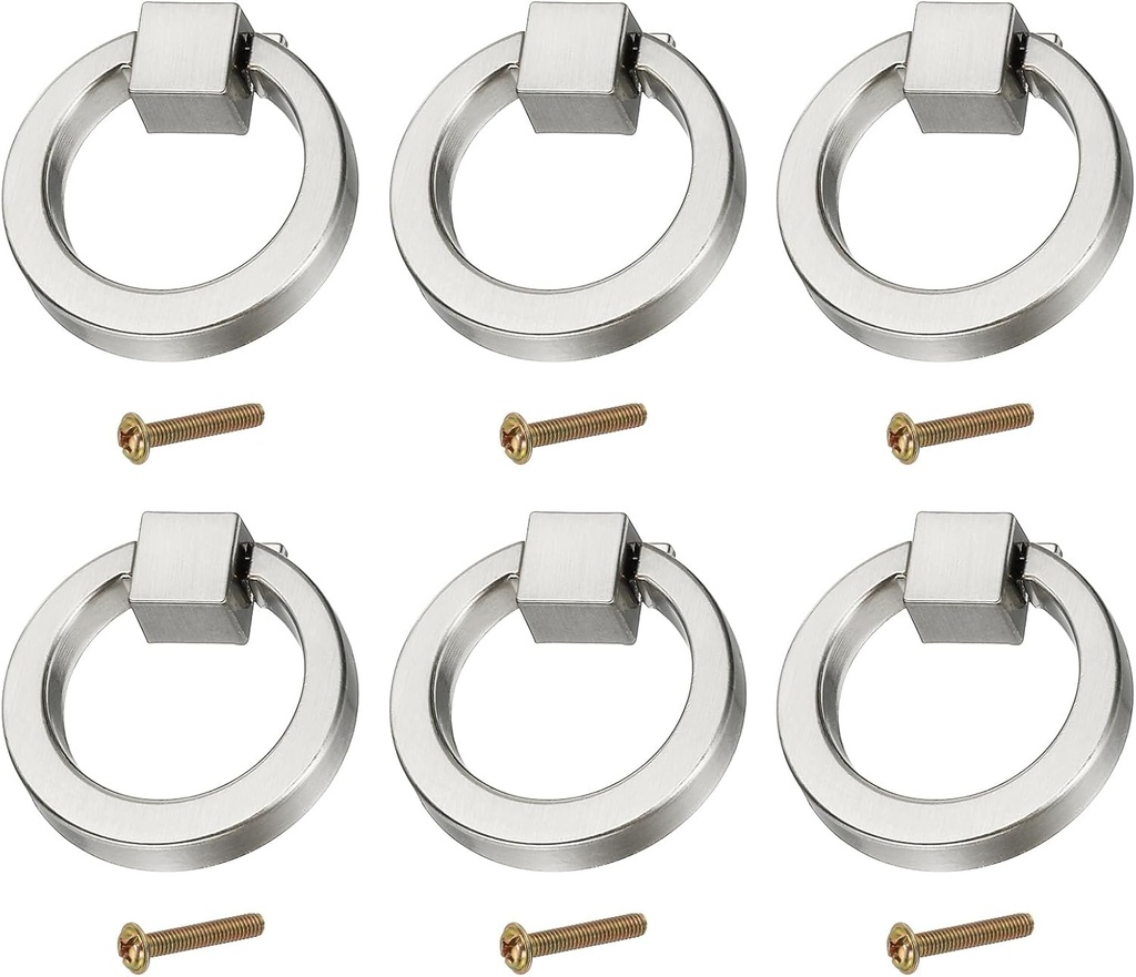 PATIKIL 6Pack Drawer Ring Pull Handles, 1.57" Zinc Alloy Hole Ring Cabinet Knobs with Screws for Cupboard Cabinet Drawer Dresser Closet Door, Brushed
