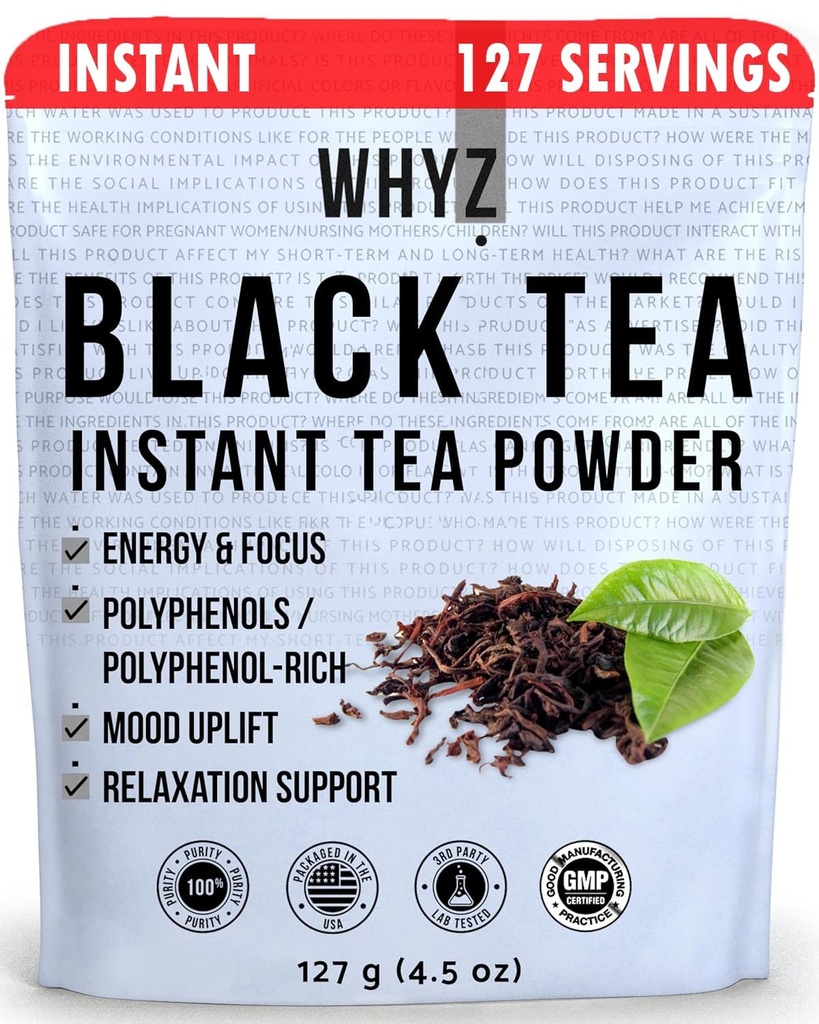 WHYZ Instant Black Tea Powder, 4.5 oz, Unsweetened Iced Tea Concentrate from Real Black Tea Leaves, Instant Powder for Hot & Cold Drinks, Powdered & Unsweet Tea 127 Servings