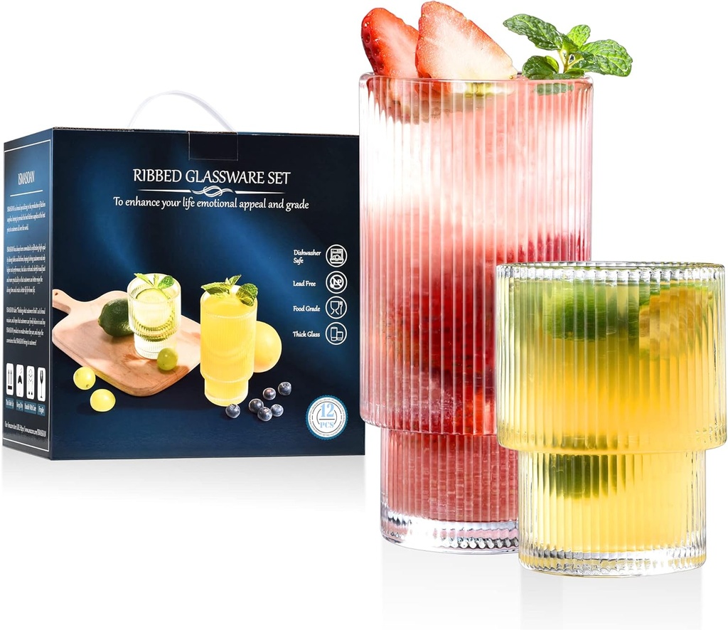 Small Ribbed Glassware Set of 12, Glass Cups 12 oz and 7 oz, Fluted Glassware, Stackable Glasses, Cups for Kitchen, Gift Box Set