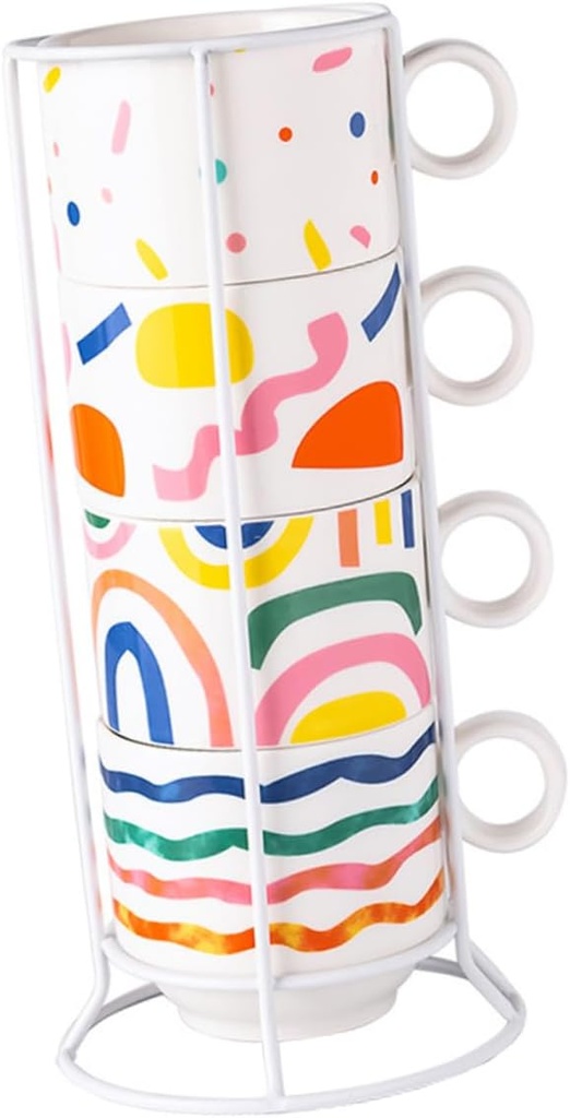 PRETYZOOM Stackable Mug Sets 4-piece Bone China Mugs Stand Stacking Cup Holder for Coffee Tea Milk Office Home