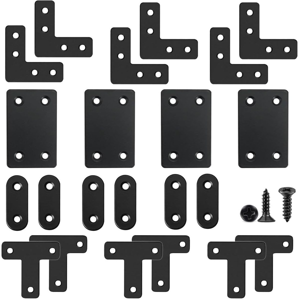 QSJ 22 Pack Straight Brace Stainless Steel Black Flat Brace Straight Corner Braces Straight Brackets Metal Flat Straight Mending Plates with Screws